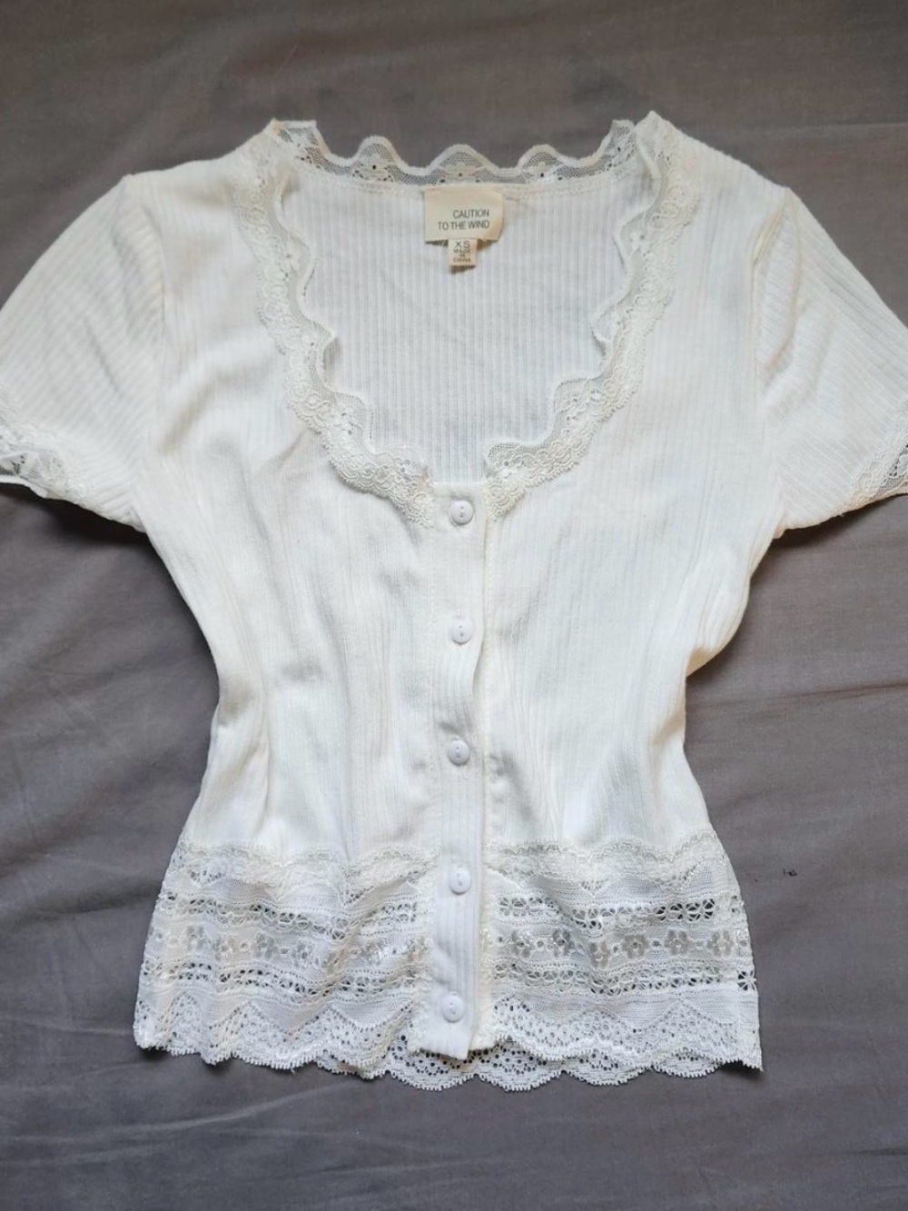 Caution To The Wind White Lace-Trim Button Front Top